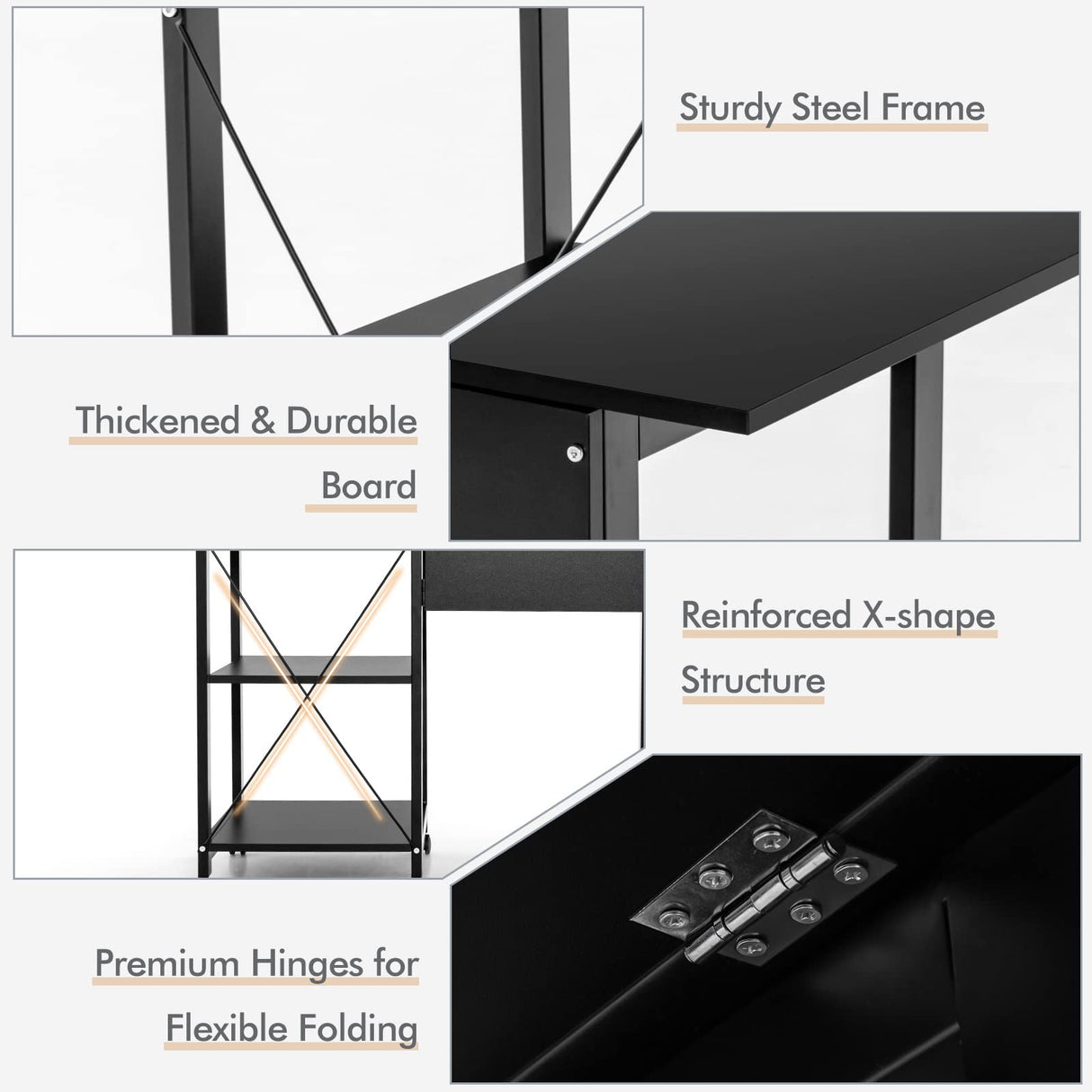 Folding Computer Desk, Modern Writing Table w/ 2-Tier Storage Shelves