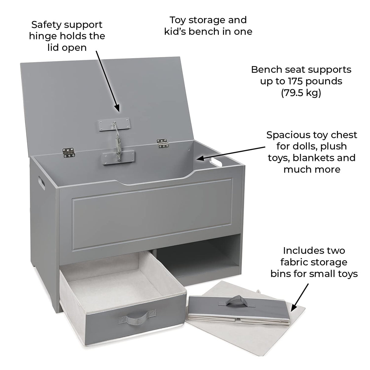 Bench with Safety Hinge – Gray Chest & Seat Combo with 2 Reversible Baskets for Kids’