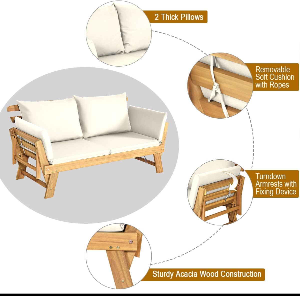 Acacia Wood Patio Convertible Couch Sofa Bed with Adjustable Armrest