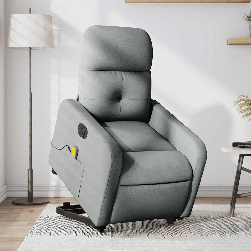 Power Lift Massage Recliner - Light Gray Fabric, Motorized Adjustable Back and Footrest, Vibration Massage, Side Storage Pocket