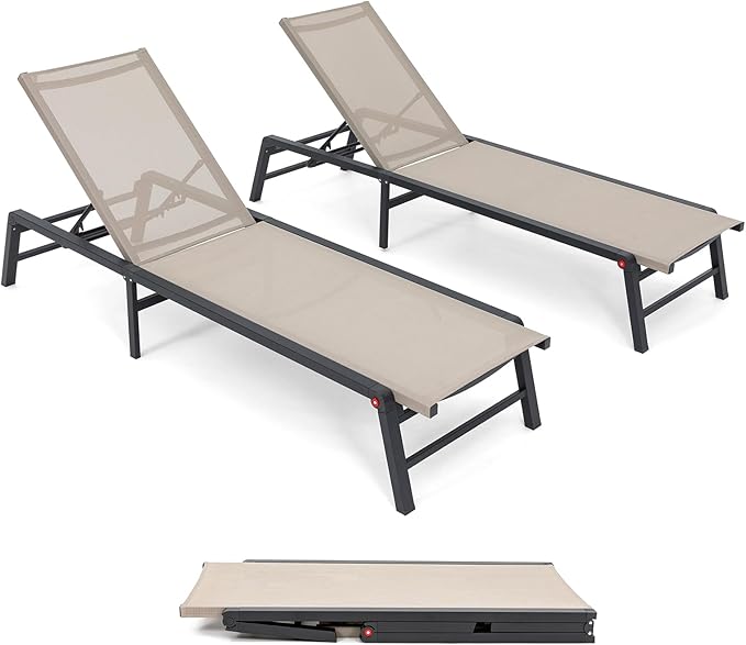Chaise Lounge Chair Set of 2, Assemble-Free Aluminum Poolside Lounge Chairs for Outside