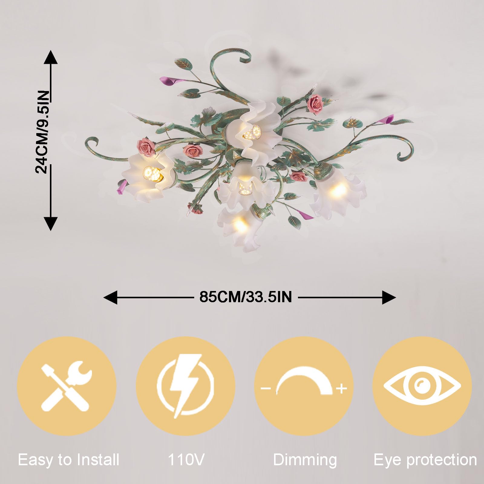 5-Light Ceramic Rose Ceiling Light with Glass Lampshade