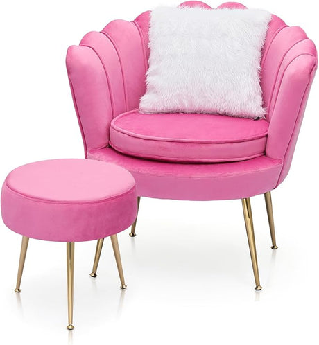 Modern Scalloped Back Accent Velvet Upholstered Armchair with Golden Legs and Soft