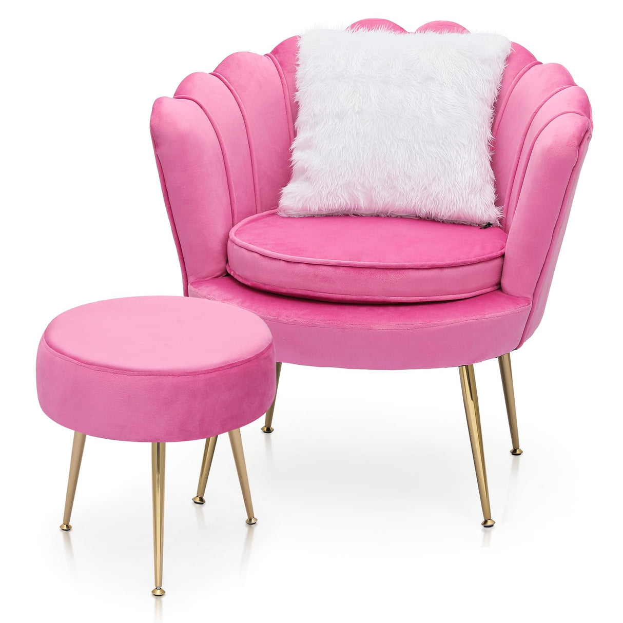 Modern Scalloped Back Accent Velvet Upholstered Armchair with Golden Legs and Soft