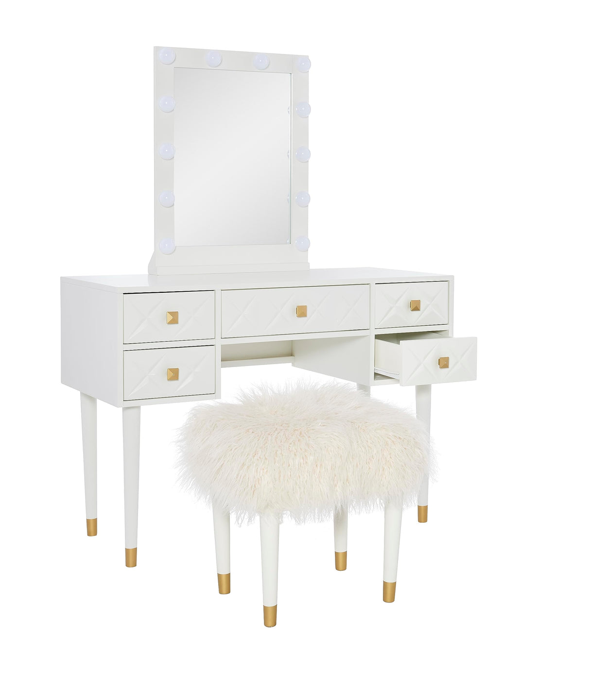 Makeup Vanity Two Piece Set with Lighted Glam Mirror Accents, White and Gold