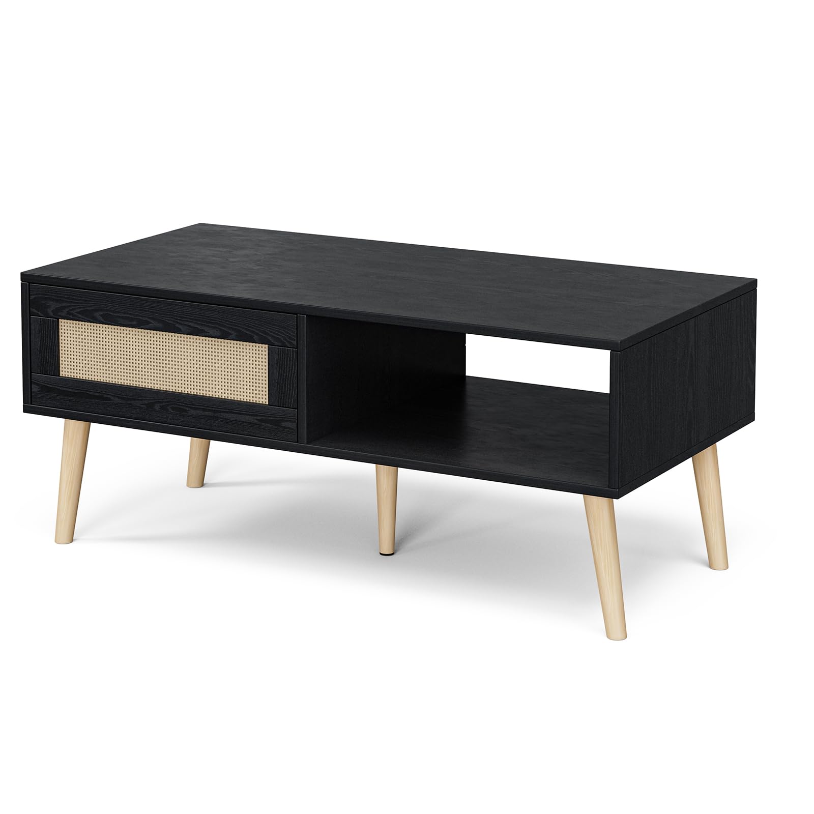 Coffee Table with Storage, Boho Dining Table with Sliding Rattan Door Panel
