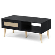 Coffee Table with Storage, Boho Dining Table with Sliding Rattan Door Panel