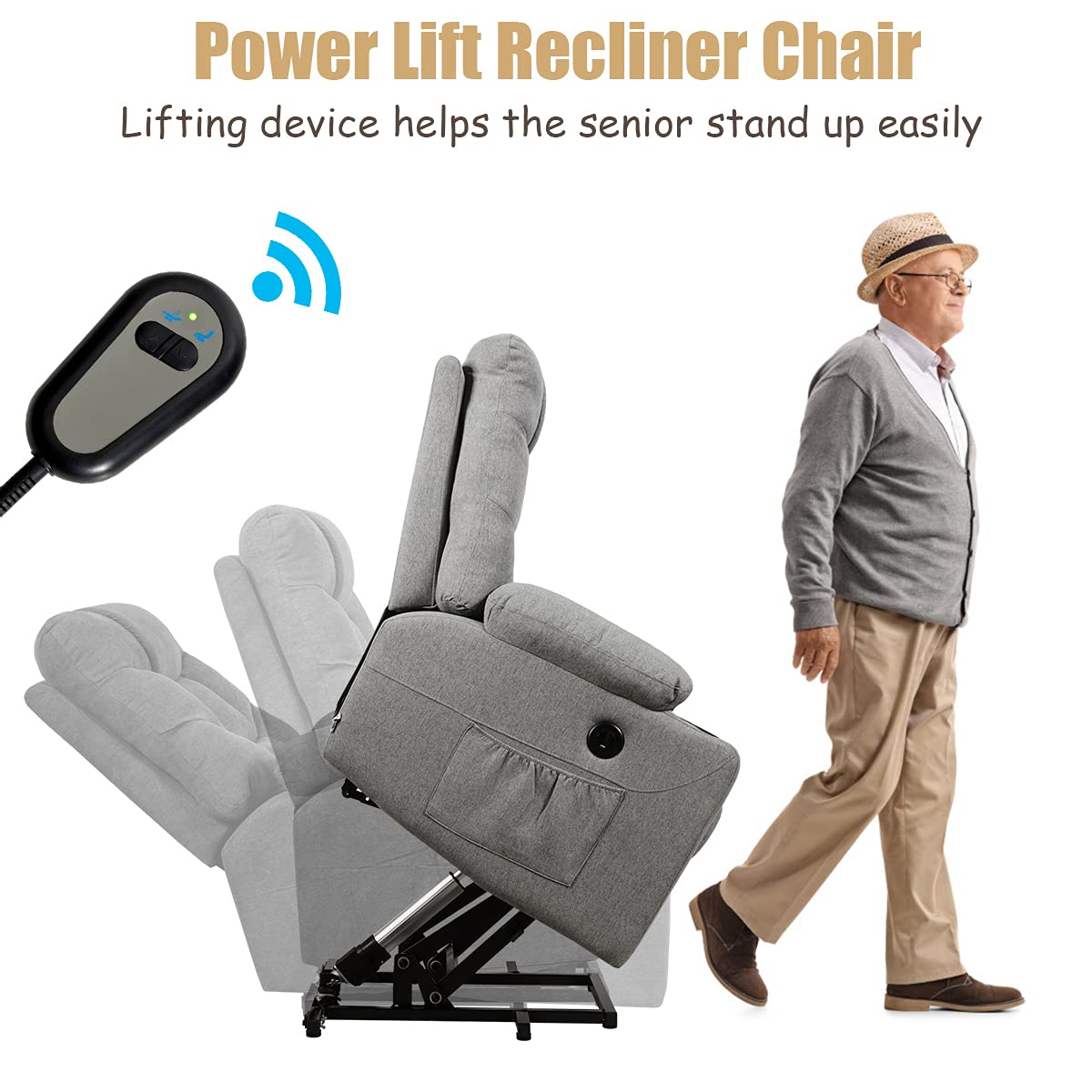 Power Lift Recliner Chair, Electric Living Room Sofa for Elderly w/ 8 PointMassage&