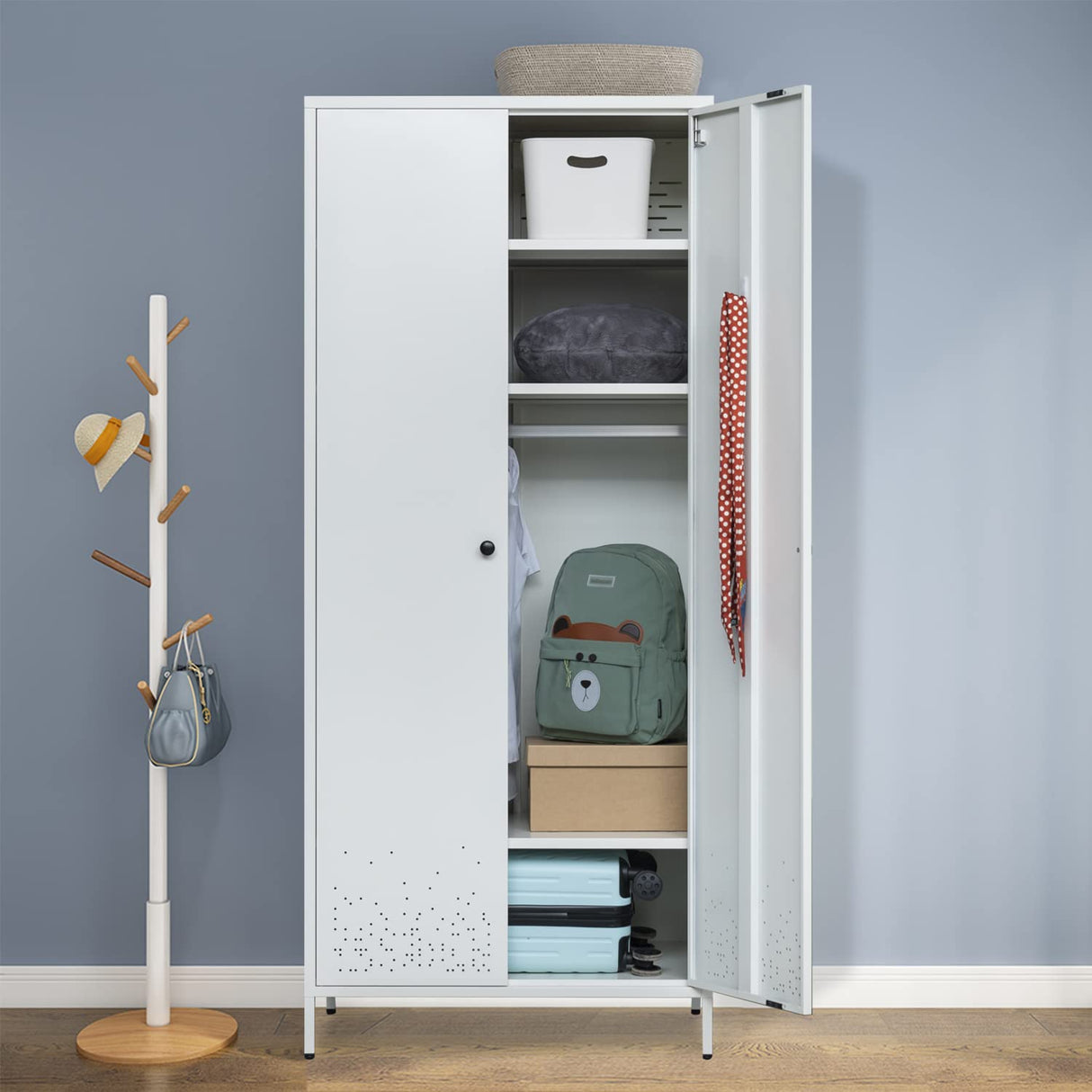 Metal Wardrobe, Storage Cabinet with Hanging Rod，Armoire with Magnetic Door