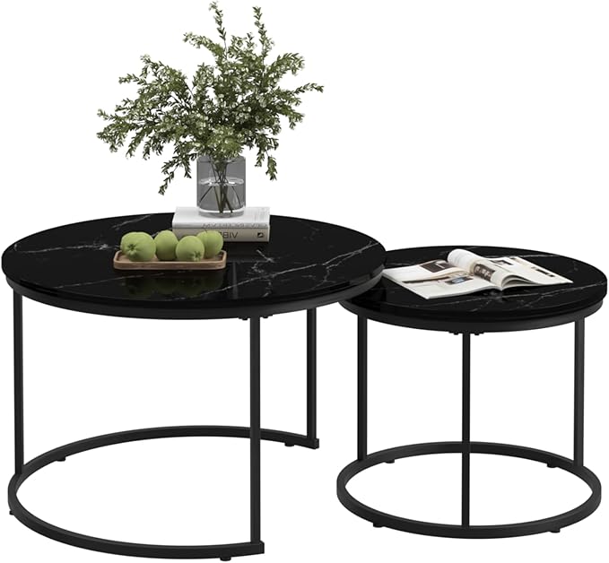 Round Nesting Coffee Table Set of 2, 27.6 inch White Marble Pattern Wooden Table Top