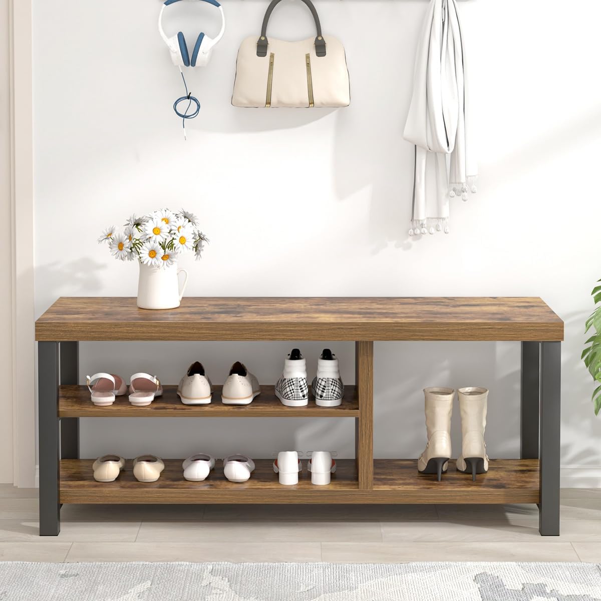 Modern Wood Storage Bench for Entryway Hallway