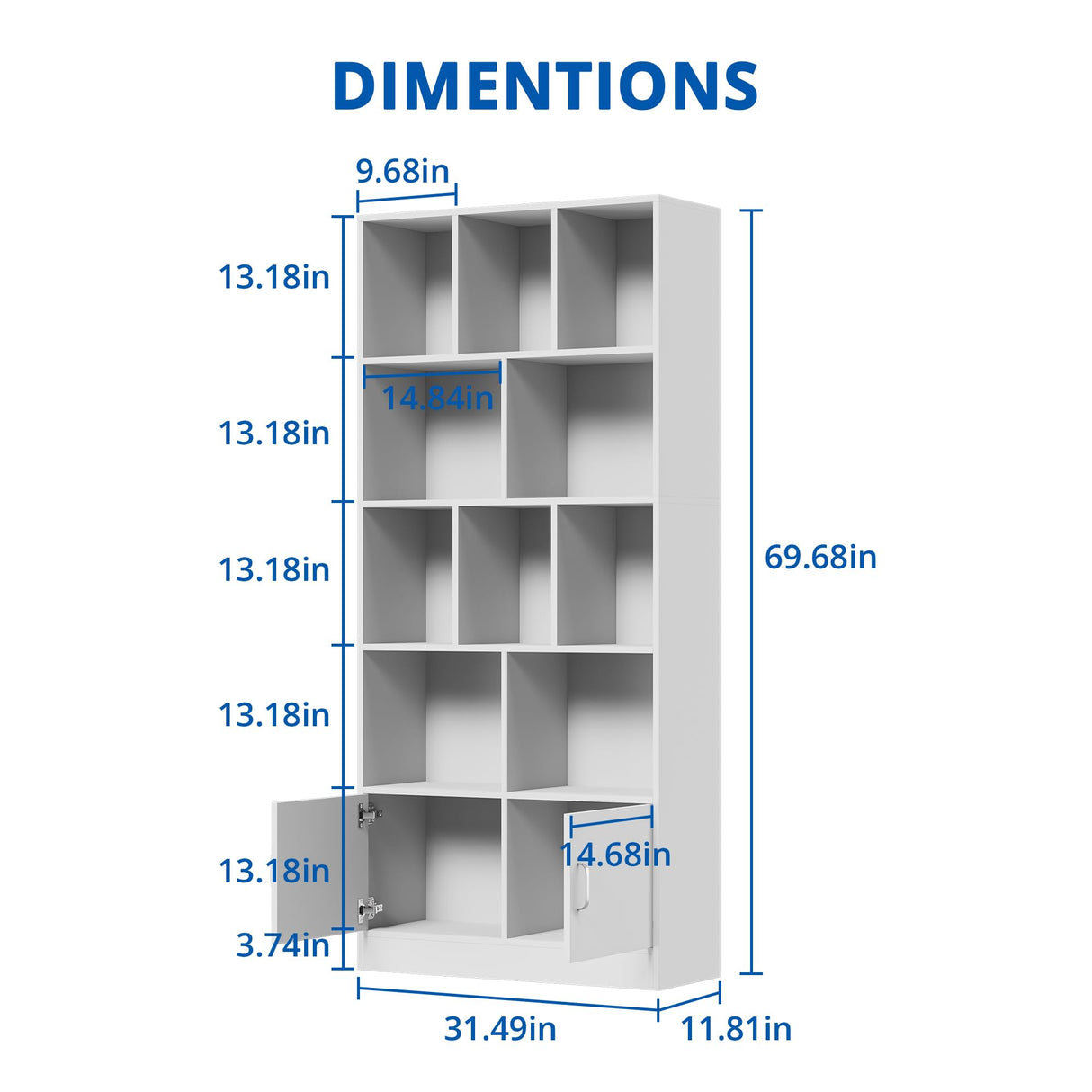 70" Tall White Bookshelf with 12 Cubes and 2 Doors, 4-Tier Open Shelf Bookcase