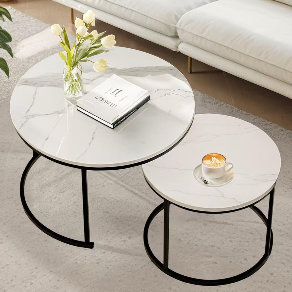 Round Coffee Table Set of 2,Modern Faux Marble Coffee Table for Living Room