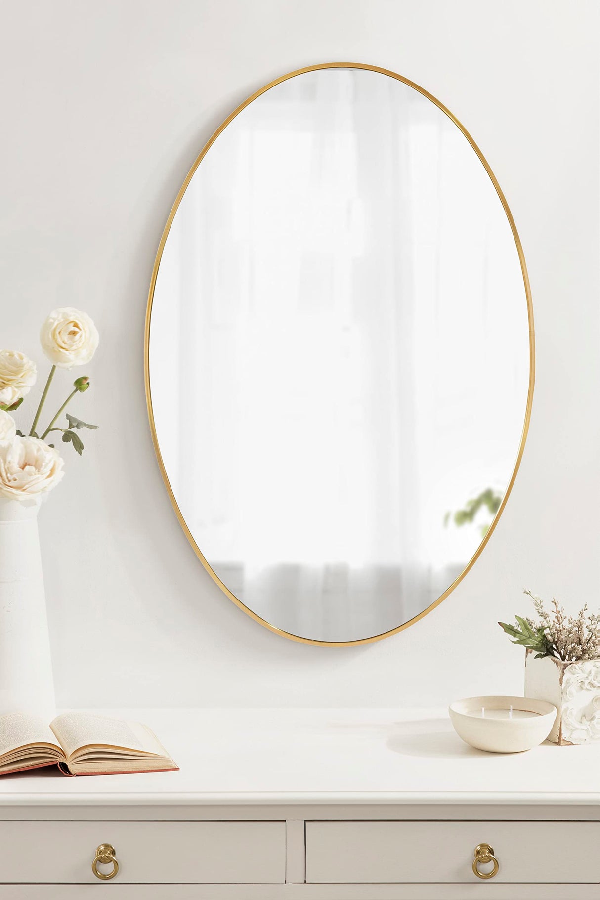 Zayda Modern Traditional Oval Framed Wall Mirror, 24 x 36, Gold, Metal Minimalist Glam