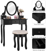 Makeup Table Set Bedroom Furniture with Cushioned Padded Stool & 5 Drawer Round 360 Degree Rotation Swivel Mirror Dressing Table Stool Wooden Vanity Set (Black with 5 Drawer)