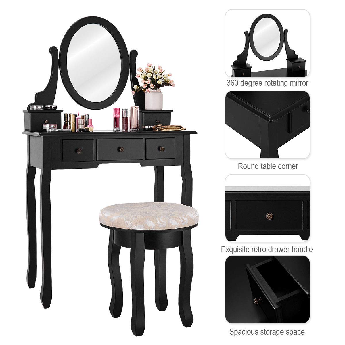 Makeup Table Set Bedroom Furniture with Cushioned Padded Stool & 5 Drawer Round 360 Degree Rotation Swivel Mirror Dressing Table Stool Wooden Vanity Set (Black with 5 Drawer)