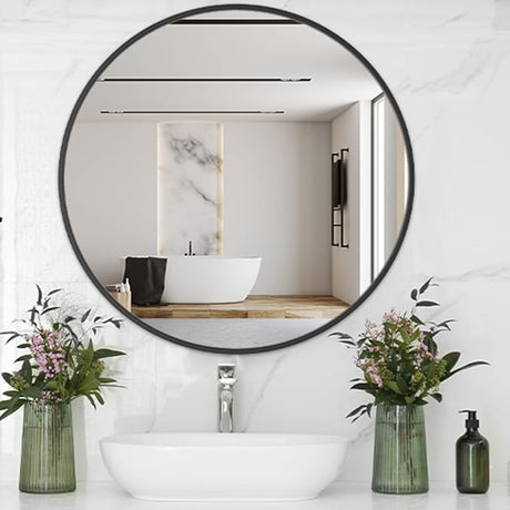 Black Round Mirror 30 Inch Bathroom Vanity Circle Mirror - Elegant Wall Mirror with Metal