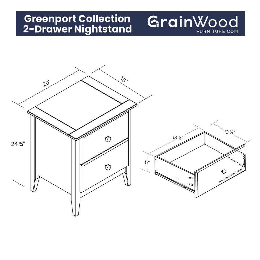 Greenport 2-Drawer Bedroom Nightstand, Solid Wood with Brushed