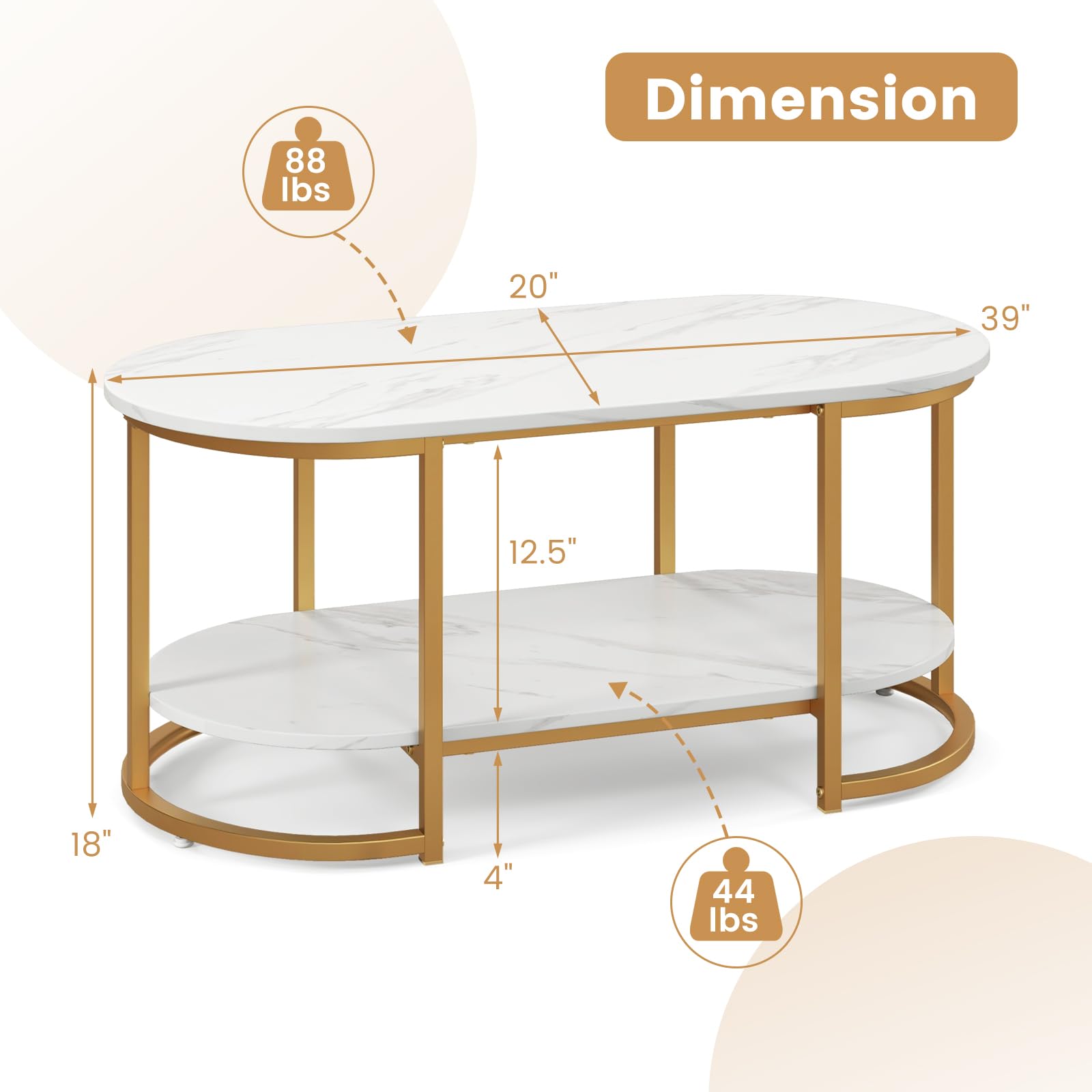 Modern Coffee Table 2 Tier, 39” Oval Coffee Table with Faux Marble