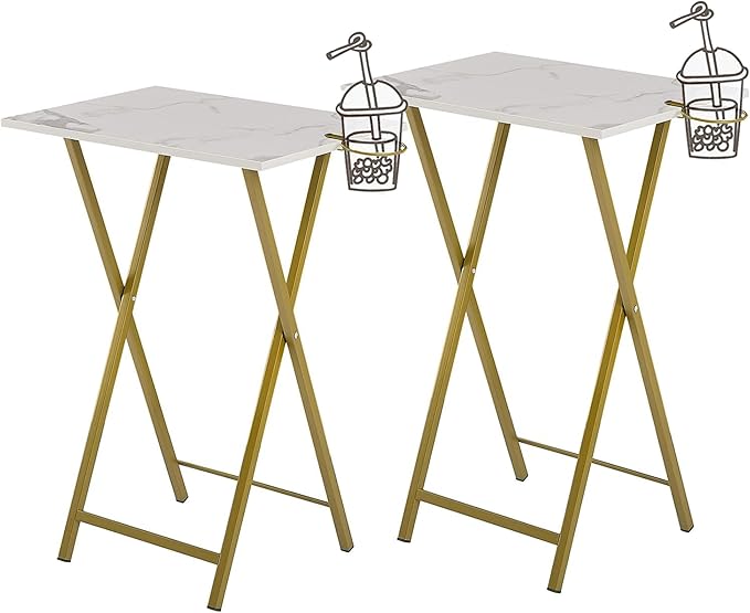 LuxFold 2-Piece Modern Marble Snack Tray Table Set with Cup Holder