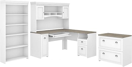 Fairview L-Shaped Desk with Hutch, 5-Shelf Bookcase, and Lateral File Cabinet