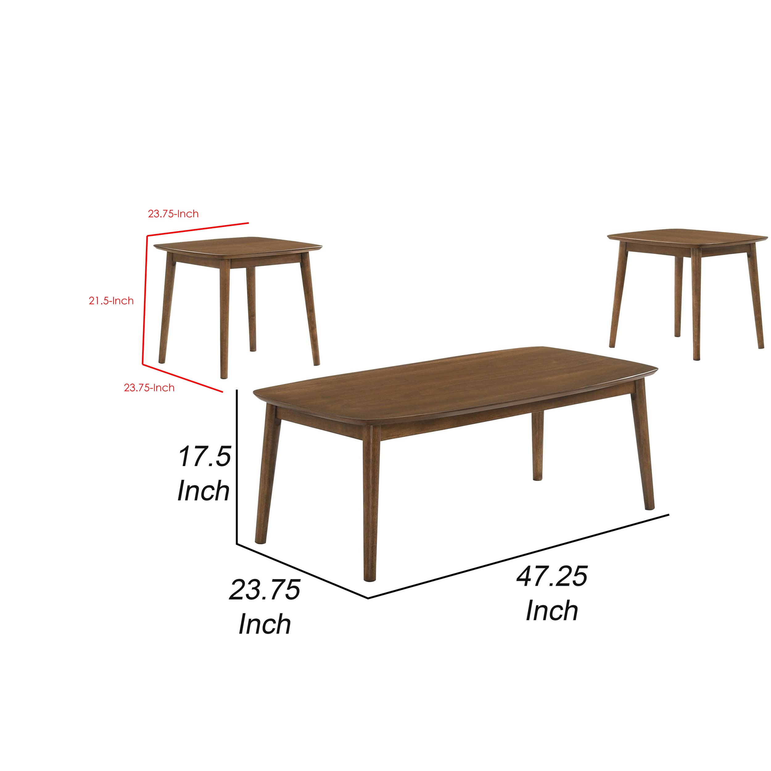 Lexi 3 Piece Coffee and End Table Set, Walnut Brown Wood, Flared Legs