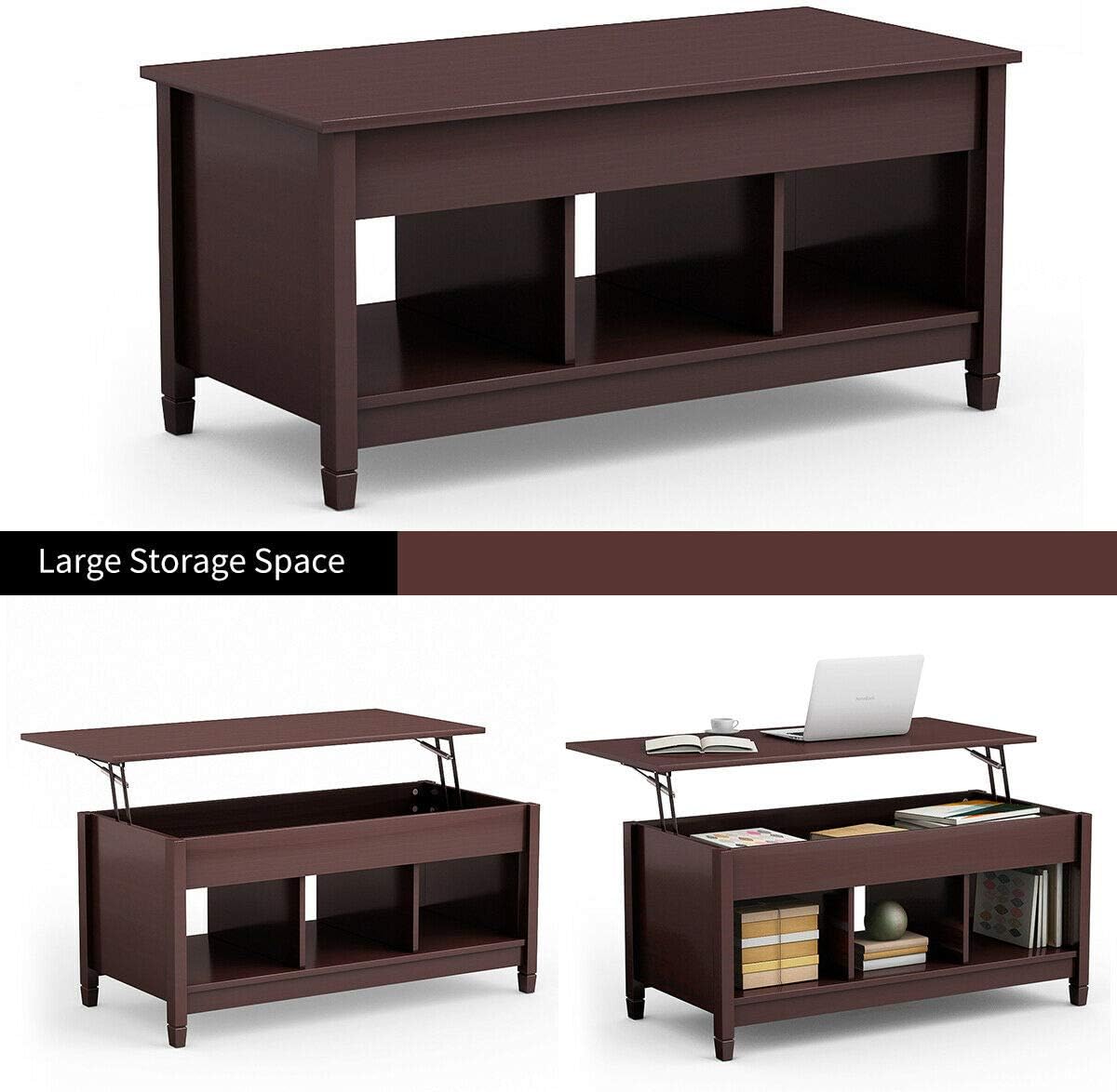 Table with Hidden Storage Compartment, Display Shelves, Lift Tabletop for Living Room,