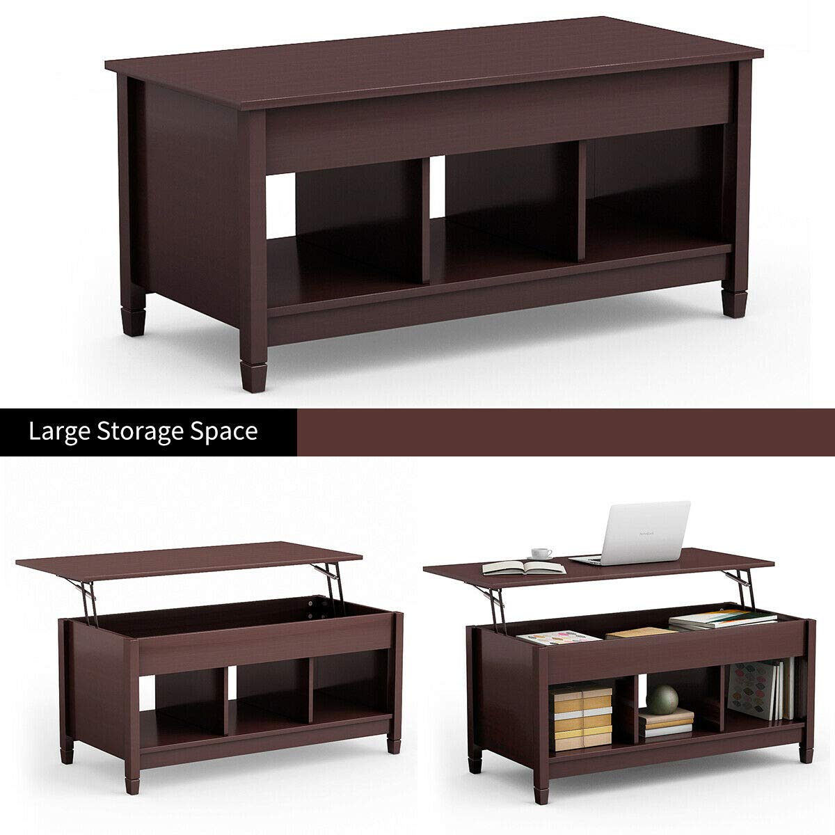 Table with Hidden Storage Compartment, Display Shelves, Lift Tabletop for Living Room,