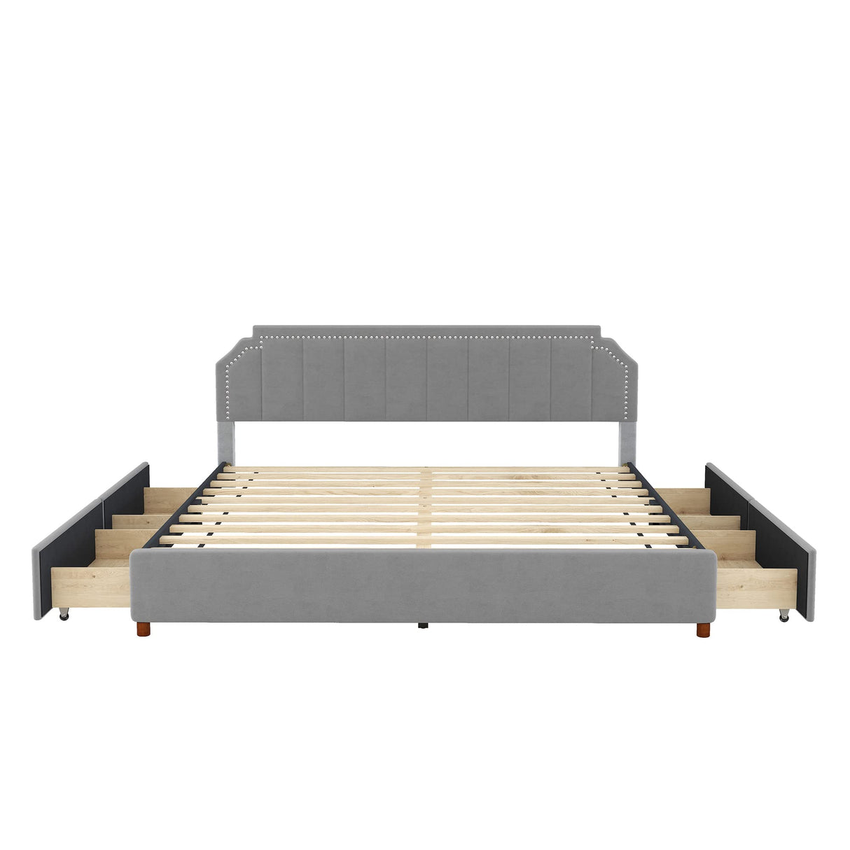 King Size Upholstered Platform Bed with Headboard, 4 Storage Drawers, and Support Legs,