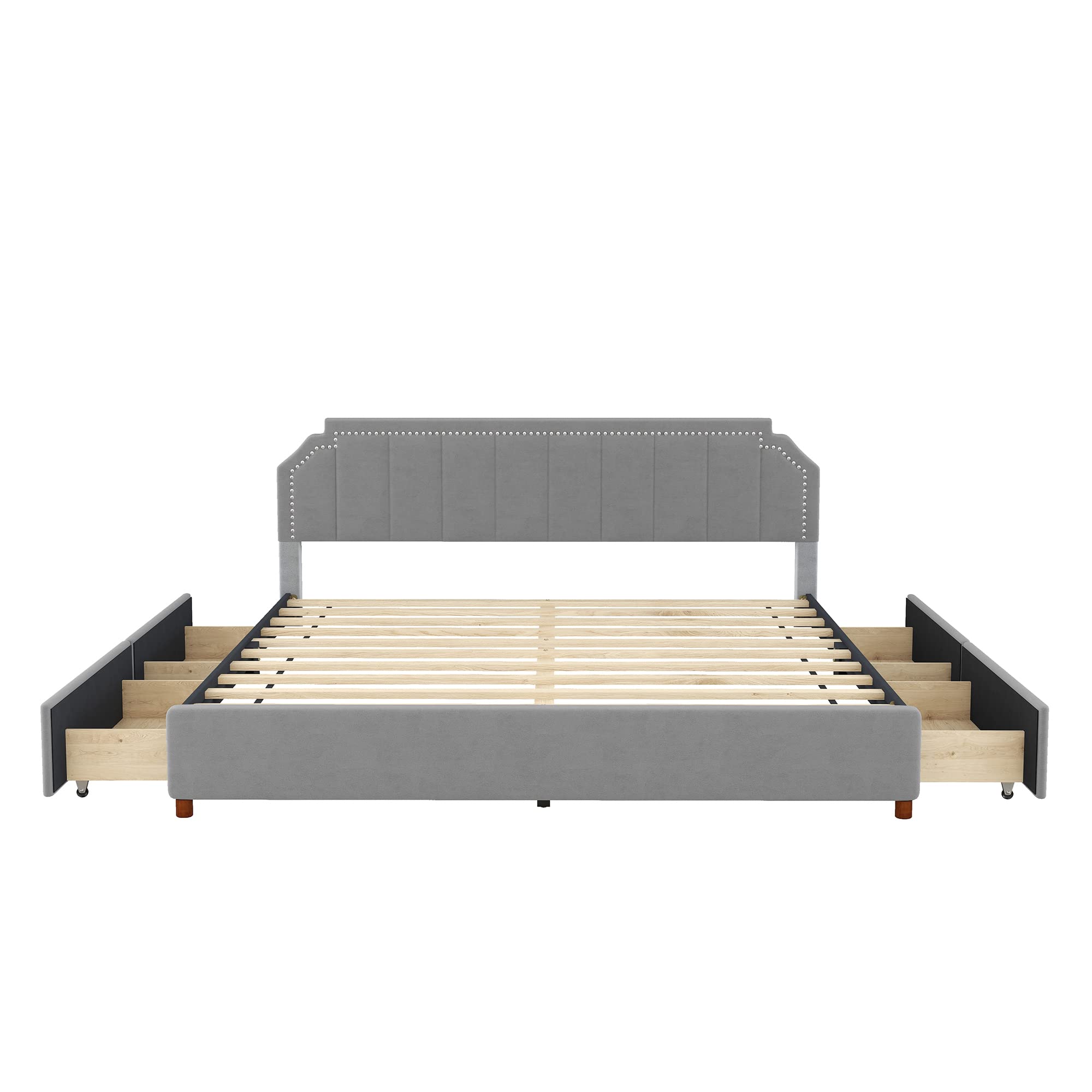 King Size Upholstered Platform Bed with Headboard, 4 Storage Drawers, and Support Legs,