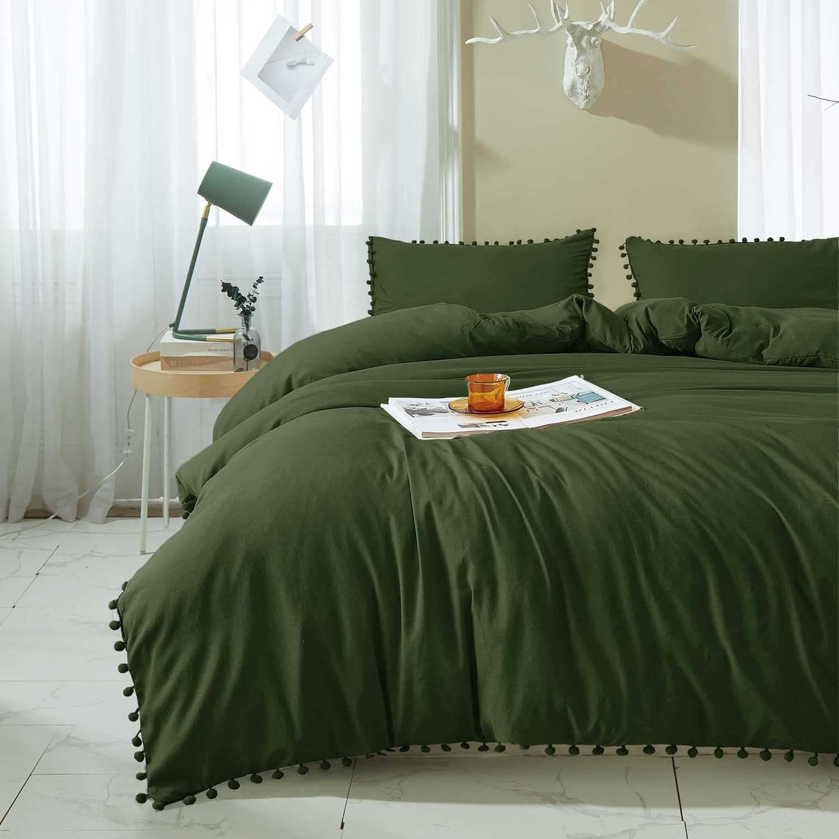 Comforter Set Queen Size Pom, 3 Piece Boho Bed Set, All Season Farmhouse Microfiber