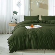 Comforter Set Queen Size Pom, 3 Piece Boho Bed Set, All Season Farmhouse Microfiber