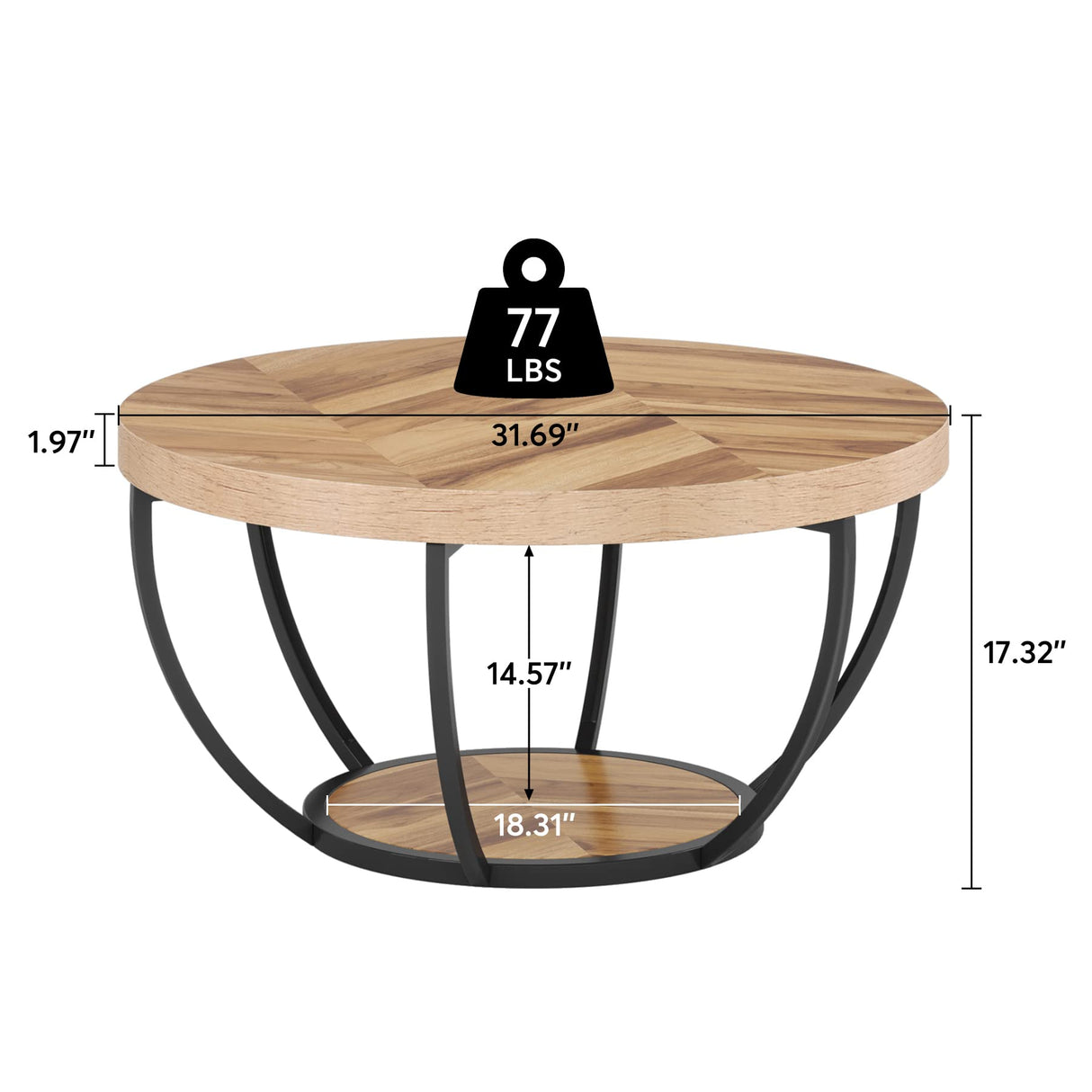 31.7" Round Coffee Table, Industrial 2-Tier Circle Coffee Table with Storage Shelves