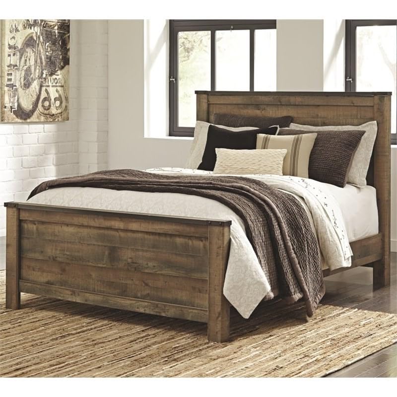 Queen Size Panel Bed with Headboard, Footboard, Platform, Wooden Slats in Wood, in