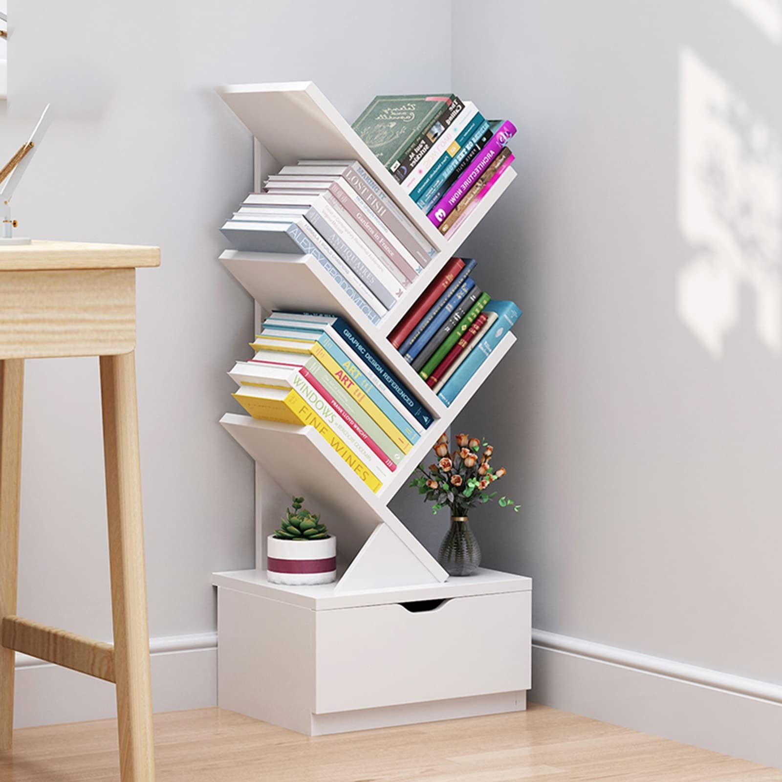 Tree Bookshelf with Drawer, Modern Narrow Bookshelves Storage Rack
