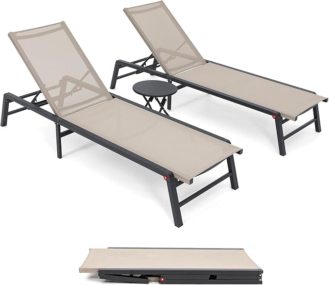 Chaise Lounge Chair Set of 2, Assemble-Free Aluminum Poolside Lounge Chairs for Outside