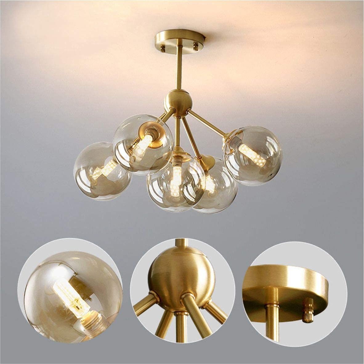 Lighting 5-Light Amber Glass Globe Chandelier Brush Gold Semi Flush Mount Ceiling Light