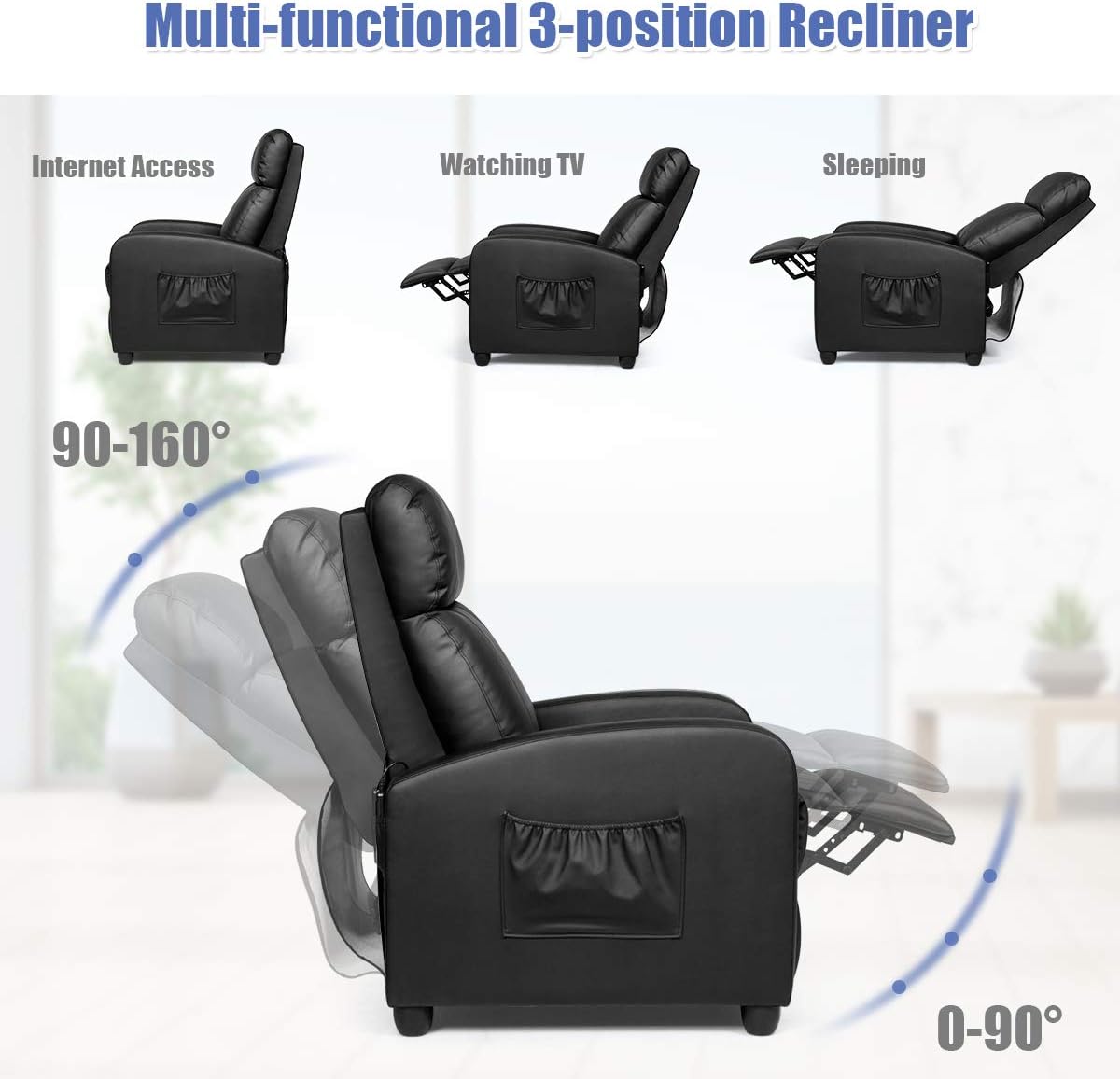 Recliner Chair, Massage Wingback Single Sofa w/Side Pocket, PU Leather Recliner