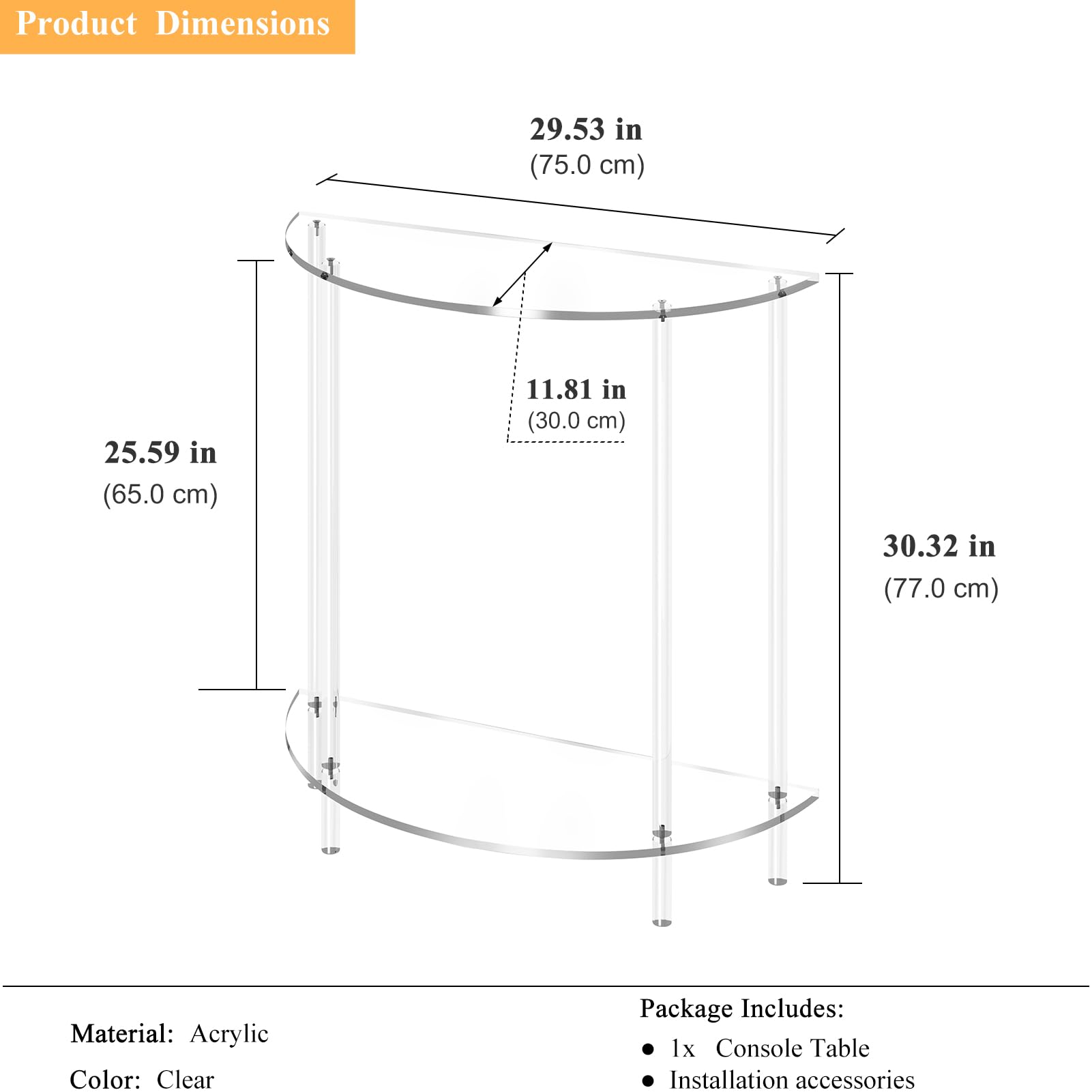 2-Tier Acrylic Console Table - Half Moon Entryway Table with Storage Shelf