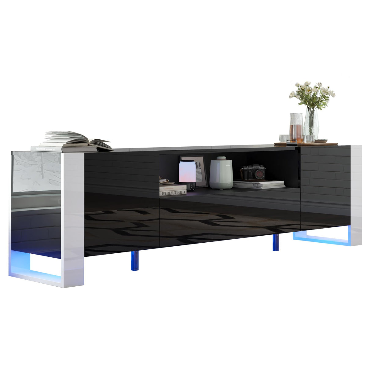 70" High Gloss TV Stand with Storage for Living Room, LED Entertainment Center for Bedroom