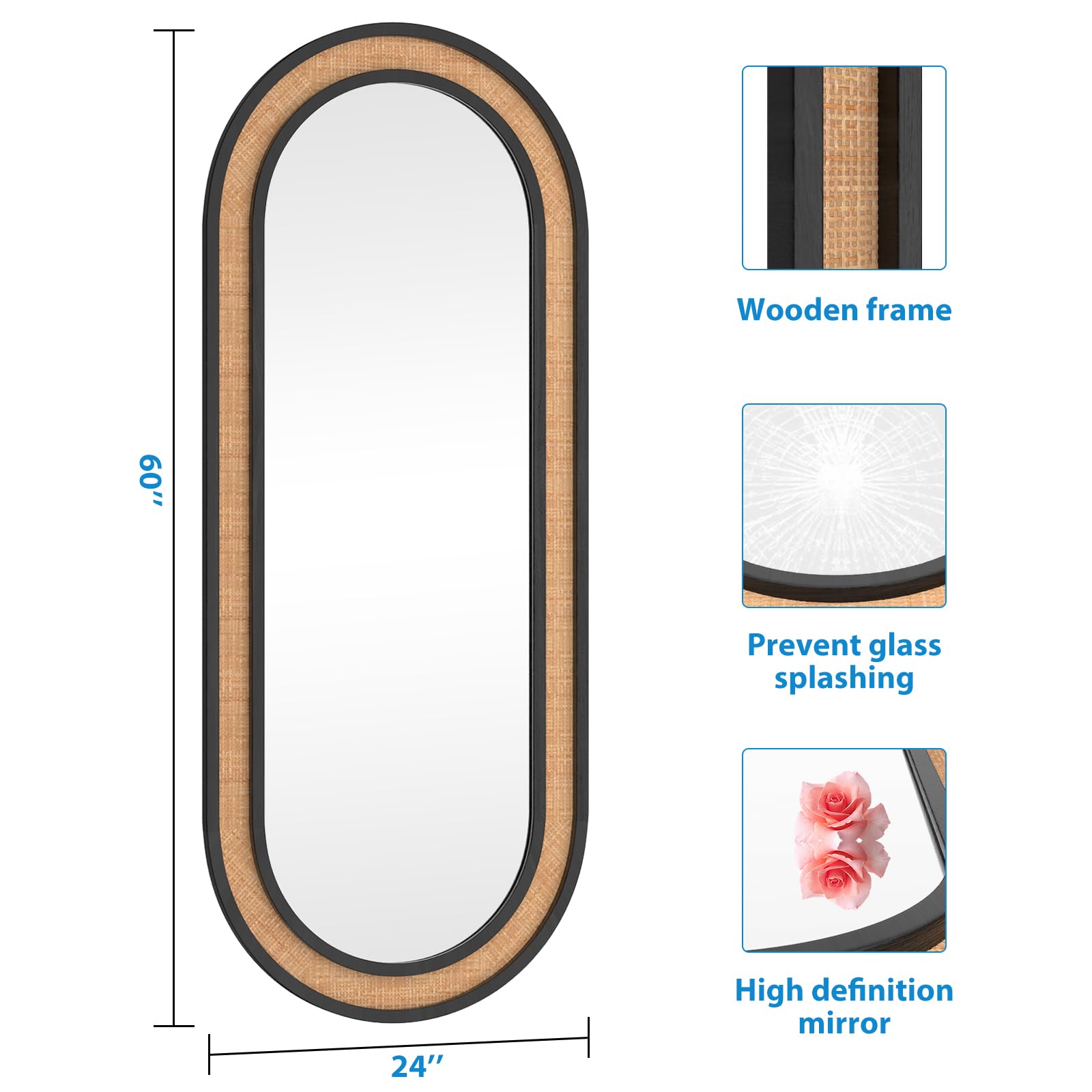 Rattan Full Length Mirror 60x24 - Black Oval Floor Mirror