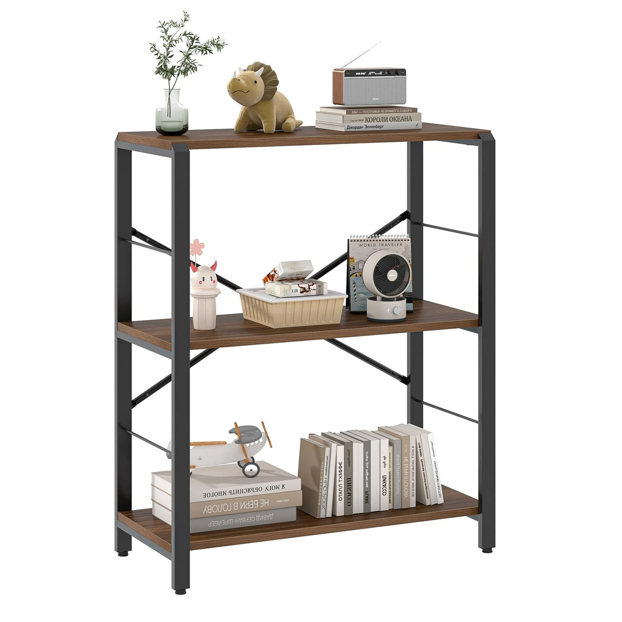 Small Bookshelf, 3 Tier Rustic Book Shelf with Storage, Industrial Low Short Bookcases