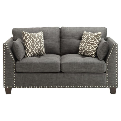 Laurissa Track Arm Loveseat with Nailhead Trim in Light Charcoal Linen