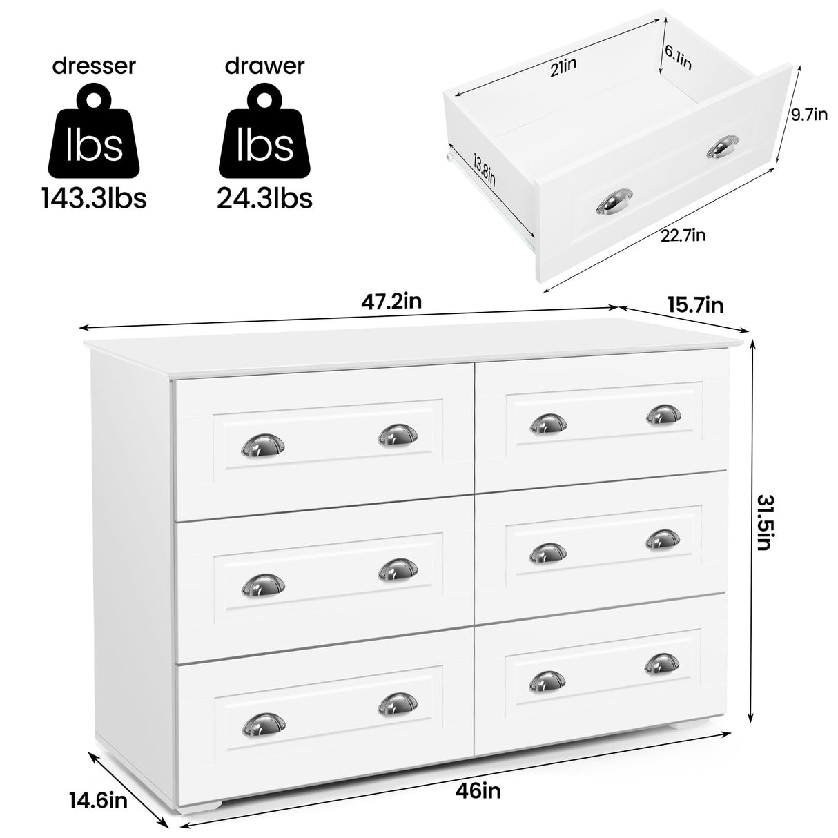 6 Drawer Double Dresser for Bedroom, Wood Chest of Dressers,