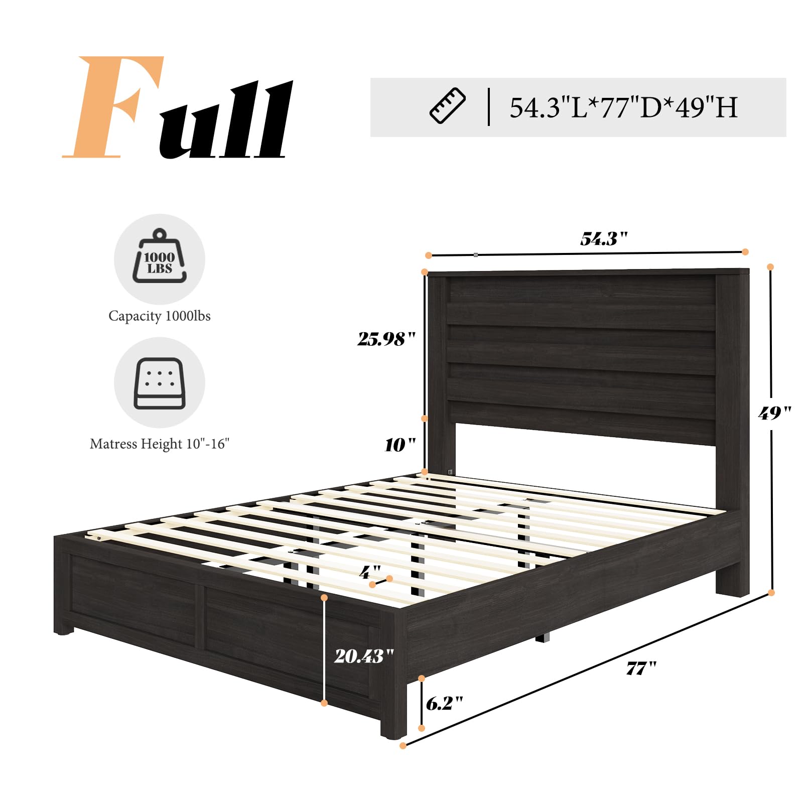 AMERLIFE Farmhouse Full Size Bed Frame with 49" Fluted Headboard, Platform Bed with Natural Wood Grain, No Box Spring Needed/Noise Free, Black