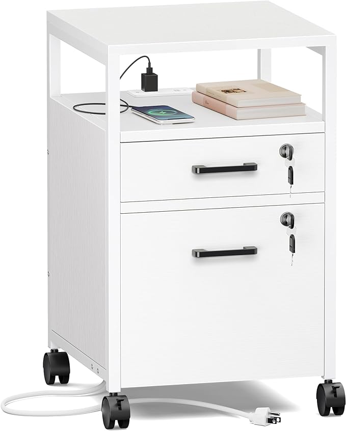 File Cabinet with Lock & Charging Station, 2 Drawers Rolling Filing Cabinet