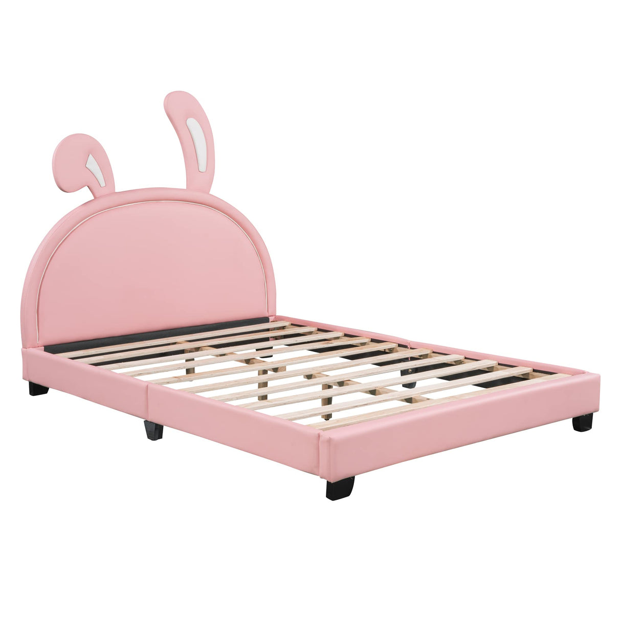 Full Size Upholstered Leather Platform Bed with Bunny Ears Headboard