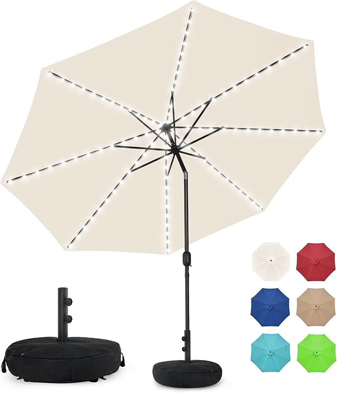 Solar 80 LED 9 ft Patio Umbrella with Sand Bag Umbrella Base