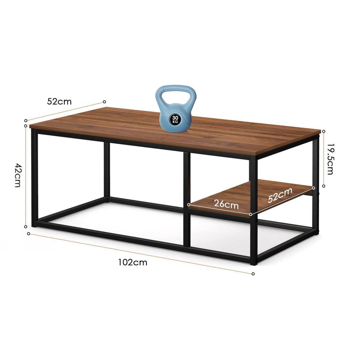 Coffee Table, Living Room Table, Coffee Table with Steel Frame and Shelves