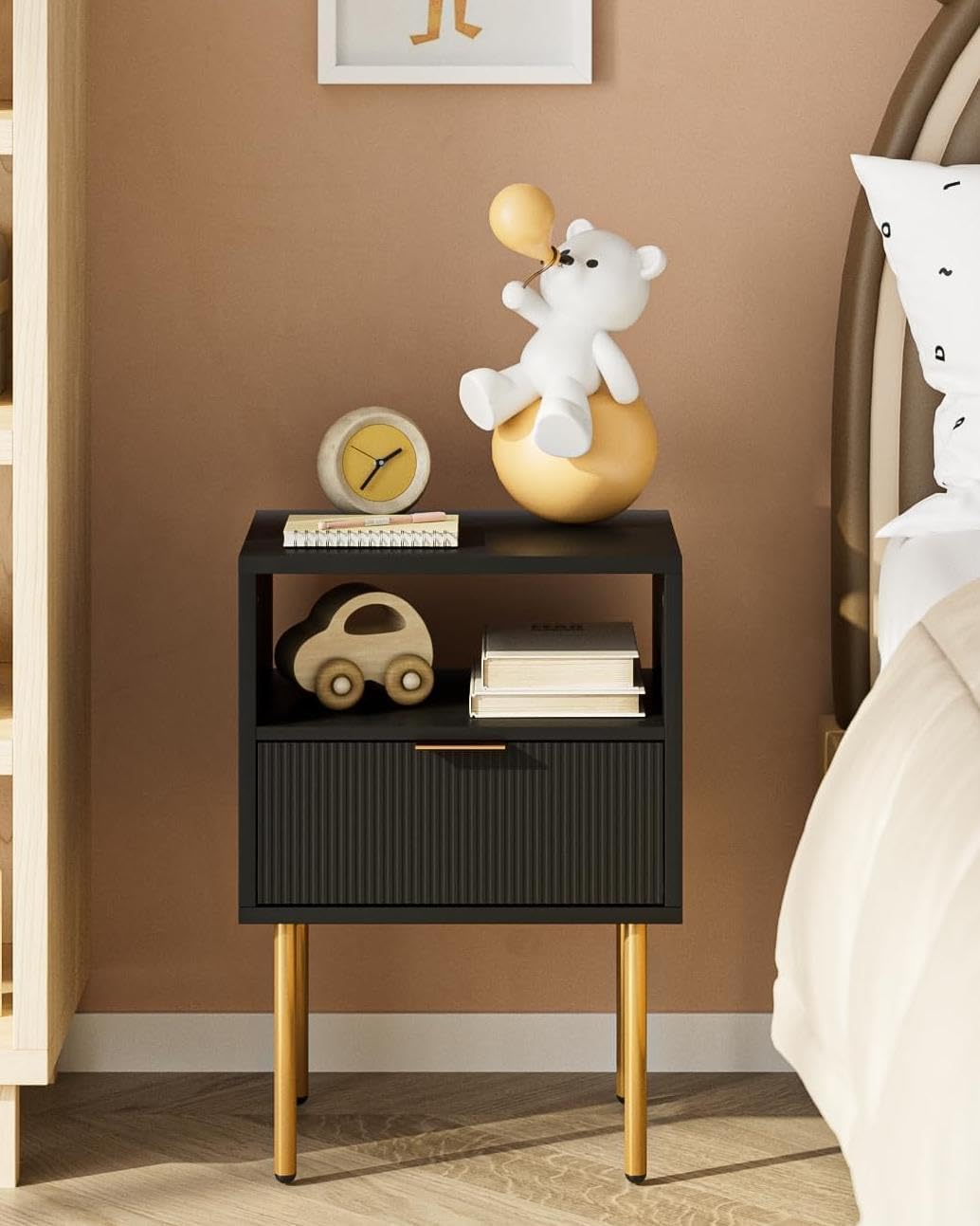 Nightstand,Small Bedside Table with Gold Frame,Black Night Stand,Bedside Furniture,